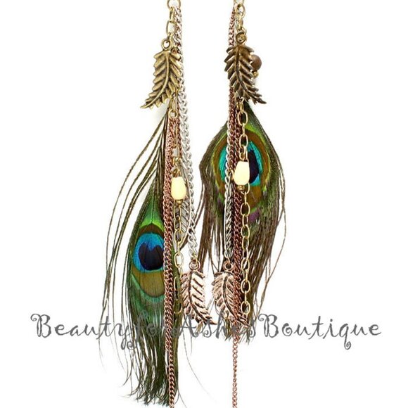 Jewelry - Beauty for Ashes Eyes to See Tritone 6.5" Peacock Feather Rustic Wood Earrings